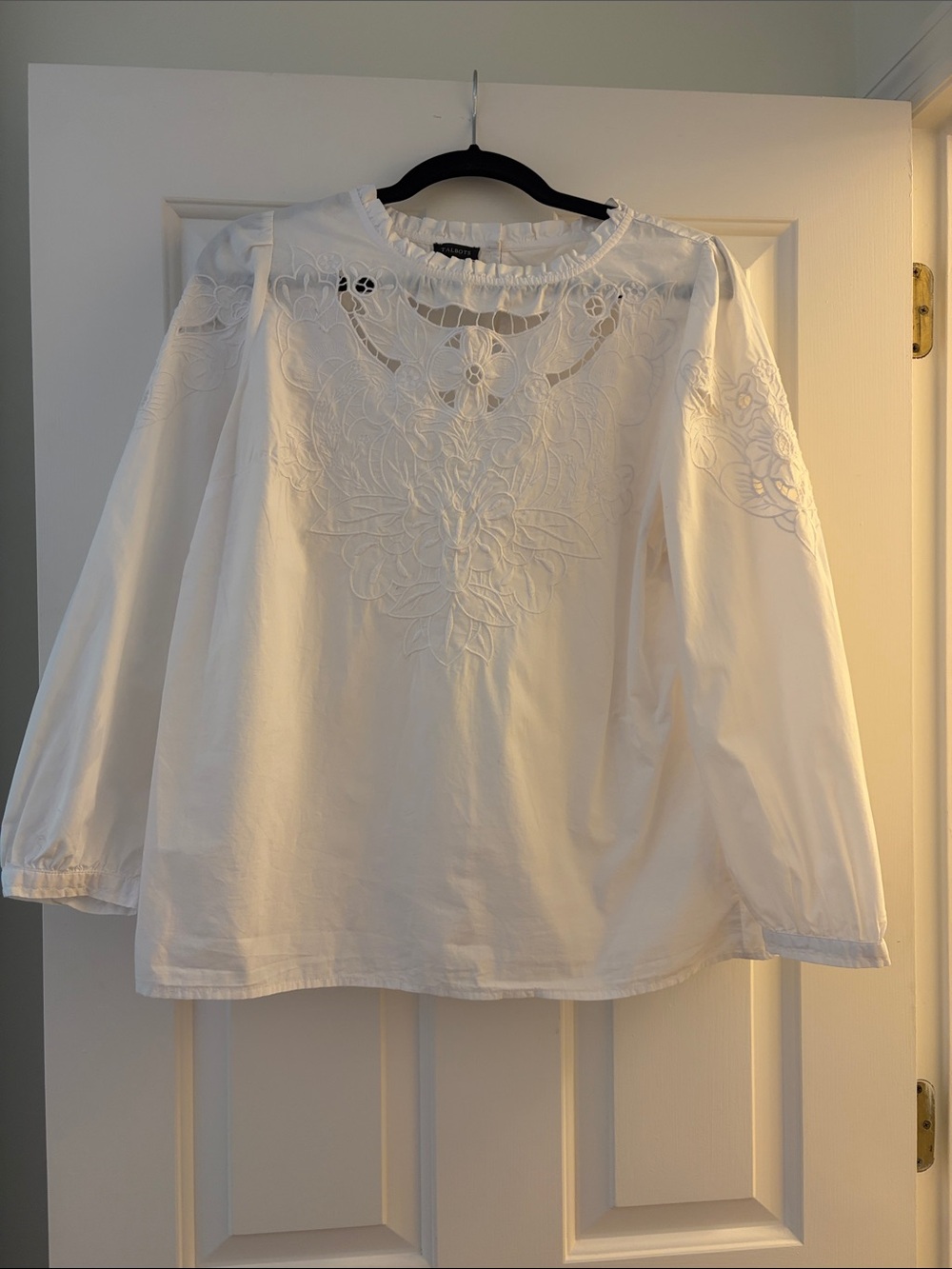 Talbots White Embroidered Ruffle-Neck Blouse